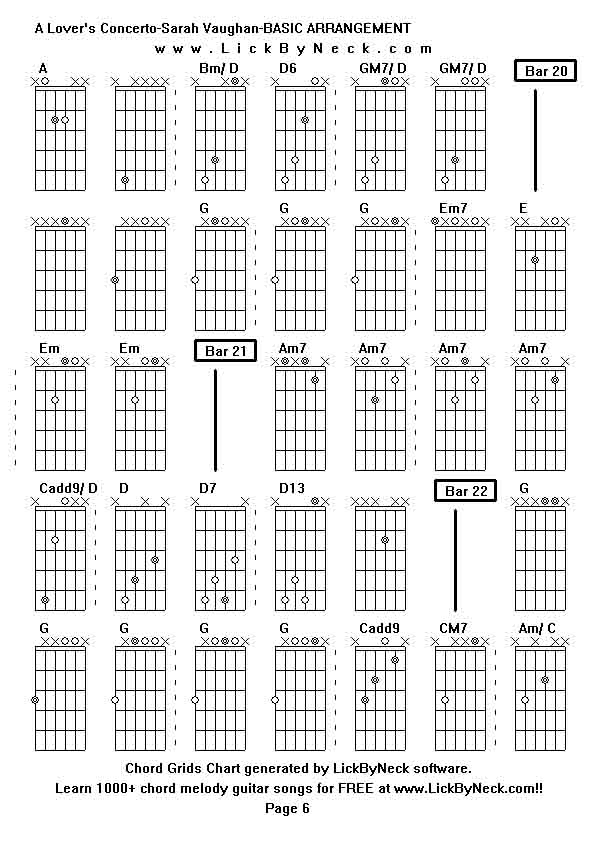 Chord Grids Chart of chord melody fingerstyle guitar song-A Lover's Concerto-Sarah Vaughan-BASIC ARRANGEMENT,generated by LickByNeck software.